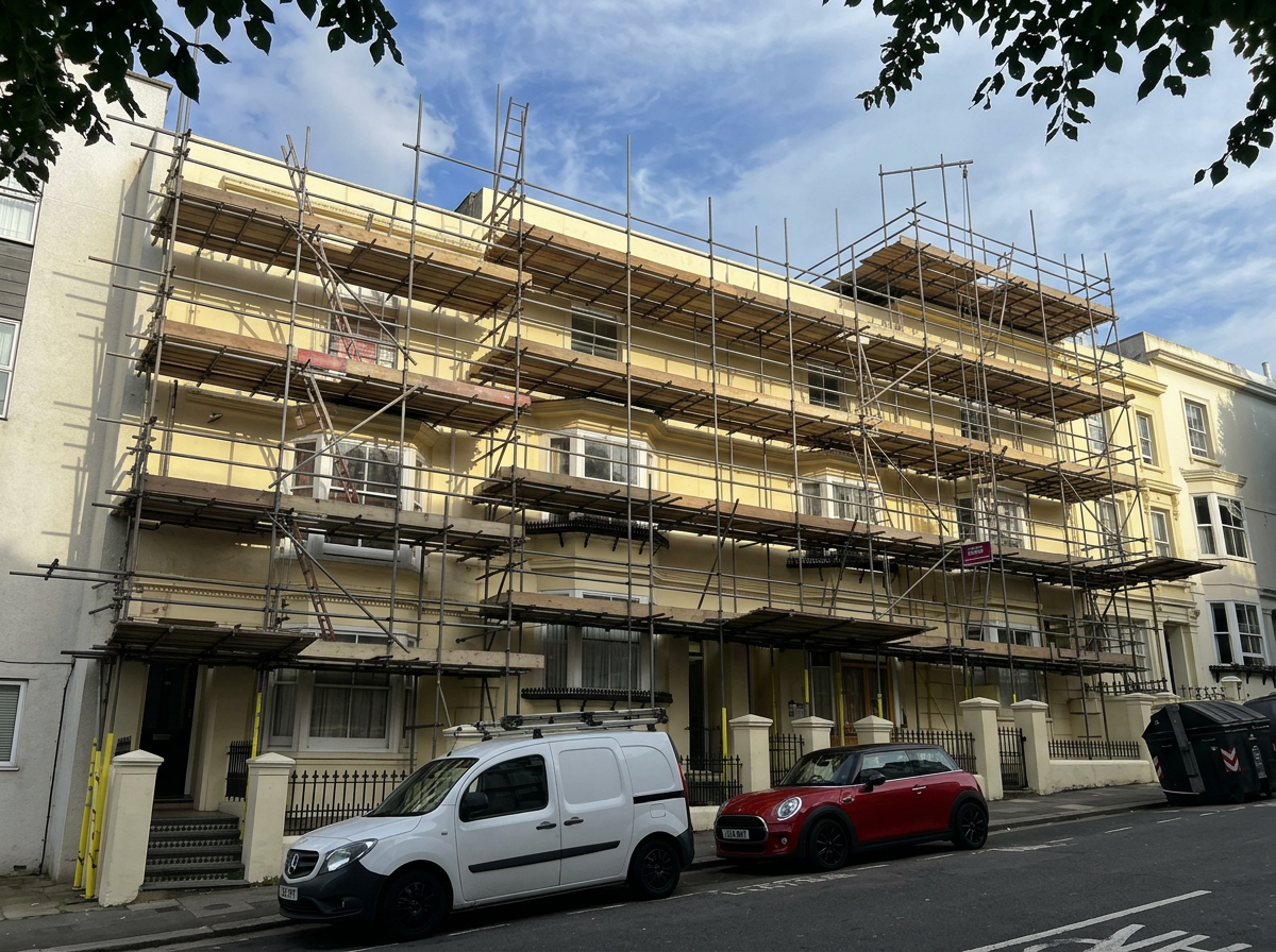 Scaffolding tubes, fittings and CAD drawings on a construction site