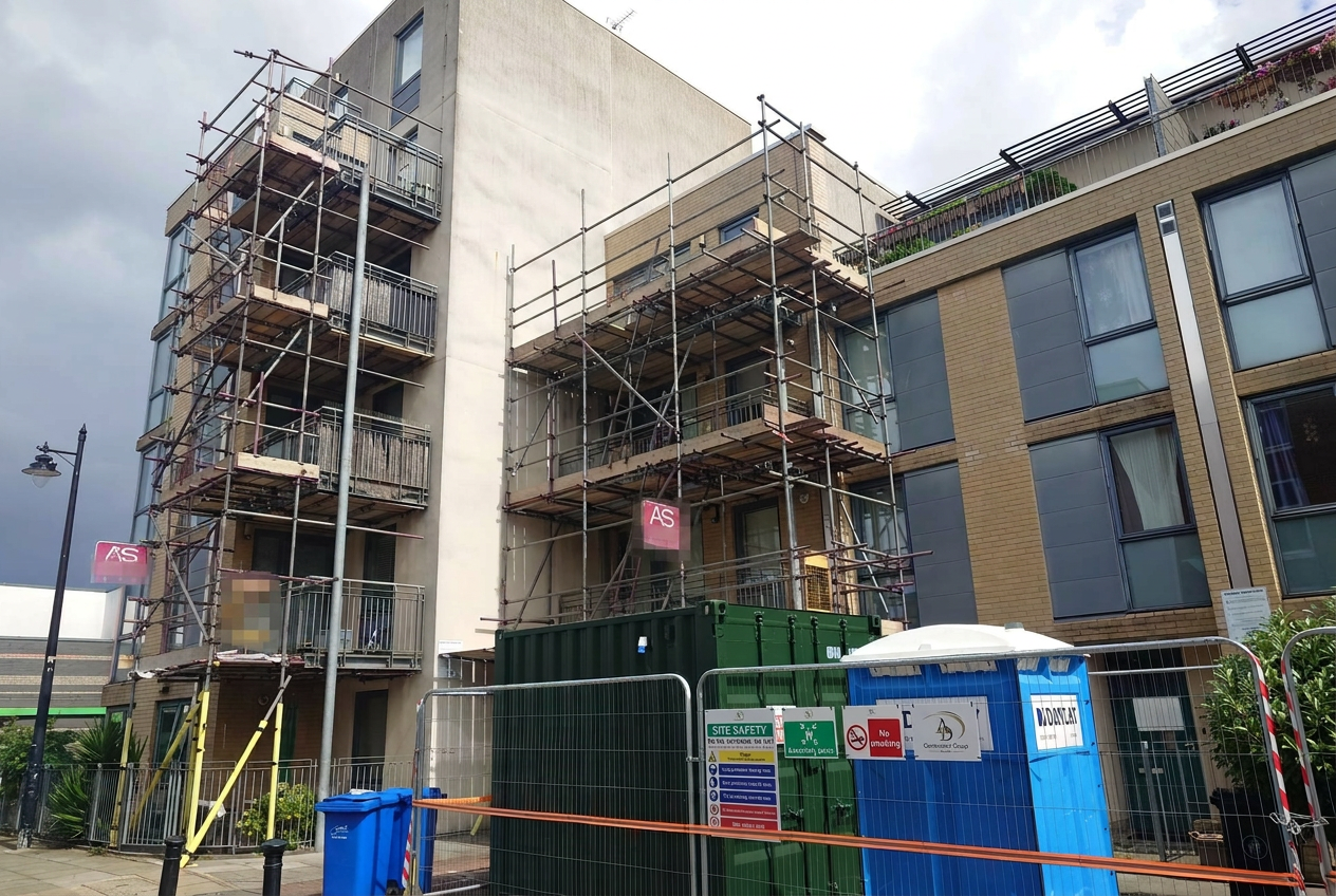 Multi-level access scaffolding installed by Armstrong Scaffolding to a stacked vertical line of balconies on a multi-storey residential building in East London, with AS-branded toe-board signs, working platforms at each level and site safety hoarding for balcony repair works