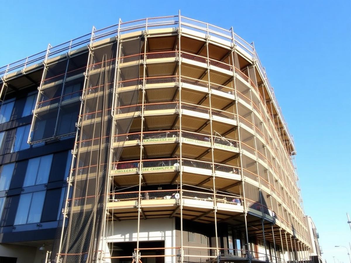 Armstrong Scaffolding commercial scaffolding around a large commercial building with debris netting