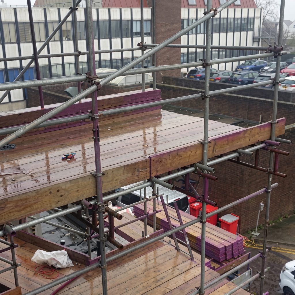 Close-up of Armstrong Scaffolding material loading bay platform with timber decking and red brick guards on a residential renovation project in Kent