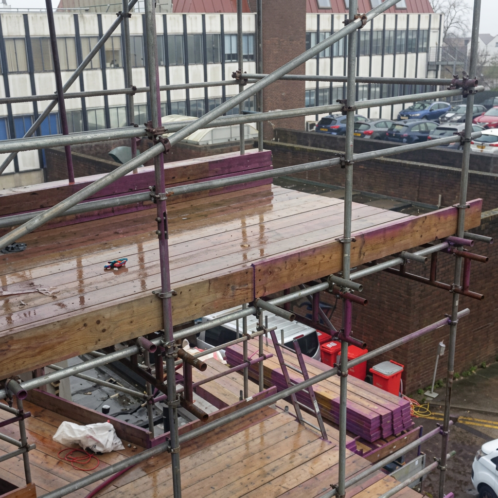 Close-up of Armstrong Scaffolding material loading bay platform with timber decking and red brick guards on a residential renovation project in Kent