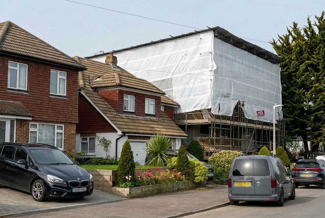 Shrink-wrap encapsulated temporary roof and full perimeter access scaffolding installed by Armstrong Scaffolding over a large residential property in Tonbridge for a loft conversion, providing weather-protected roof-level working access