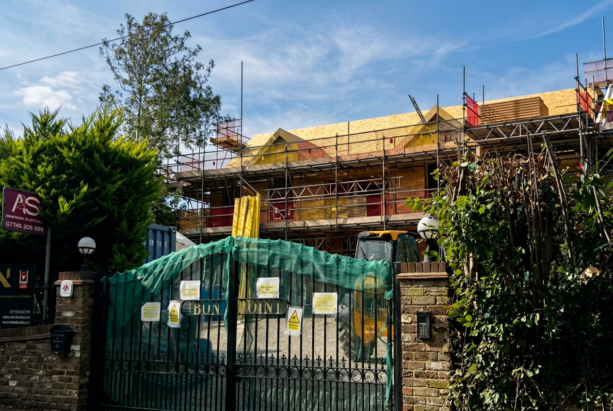 Perimeter scaffolding by Armstrong Scaffolding around a new-build timber-frame residential property in Orpington, with access platforms across the upper lifts and developing roofline