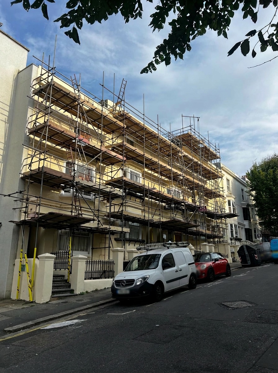 Painting Contract Access Scaffolding, Brighton - Armstrong Scaffolding Armstrong Scaffolding multi-lift access scaffold with timber boarded working platforms erected to the front elevation of a Regency terrace in Brighton for an exterior painting and decorating contract