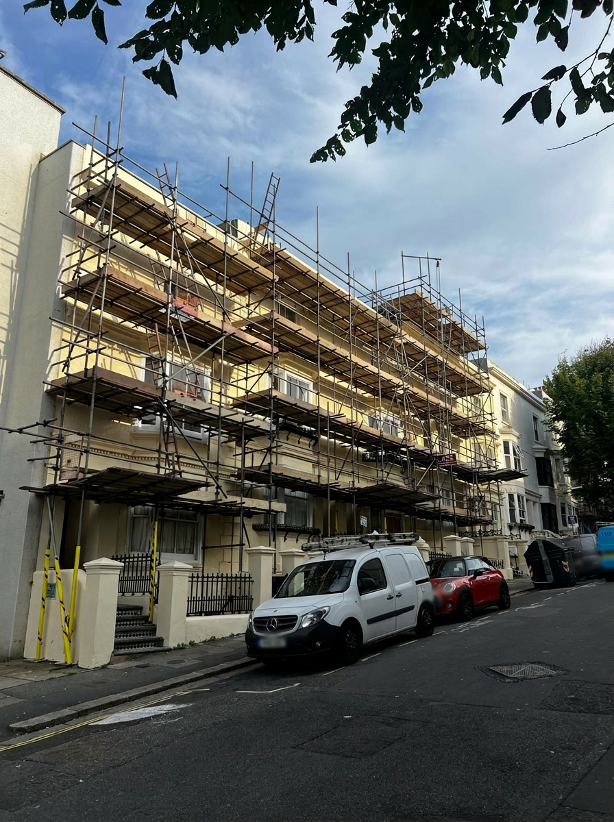 Armstrong Scaffolding multi-lift access scaffold with timber boarded working platforms erected to the front elevation of a Regency terrace in Brighton for an exterior painting and decorating contract