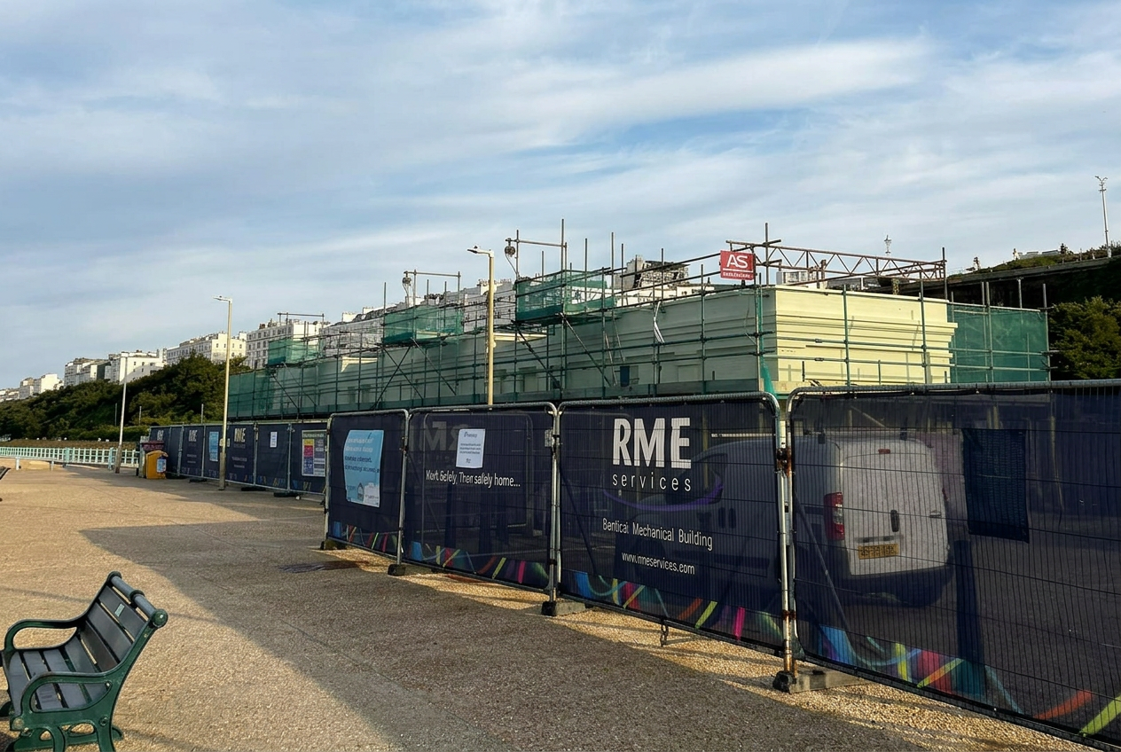 Armstrong Scaffolding commercial scaffolding at Volks Electric Railway station in Brighton for a painting and roofing contract with shrink-wrap encapsulation