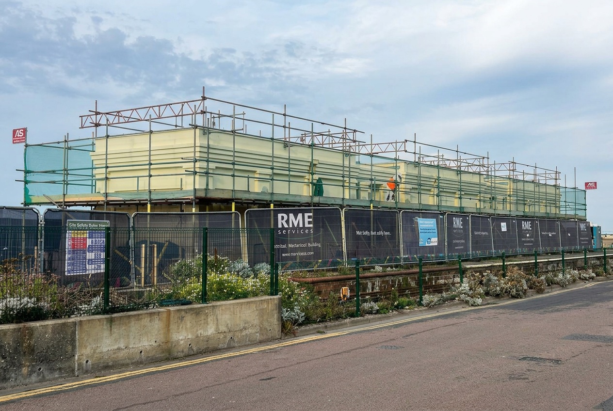 Side-elevation perimeter scaffold with full edge protection at Volks Electric Railway station, Brighton, installed by Armstrong Scaffolding for painting and roofing works