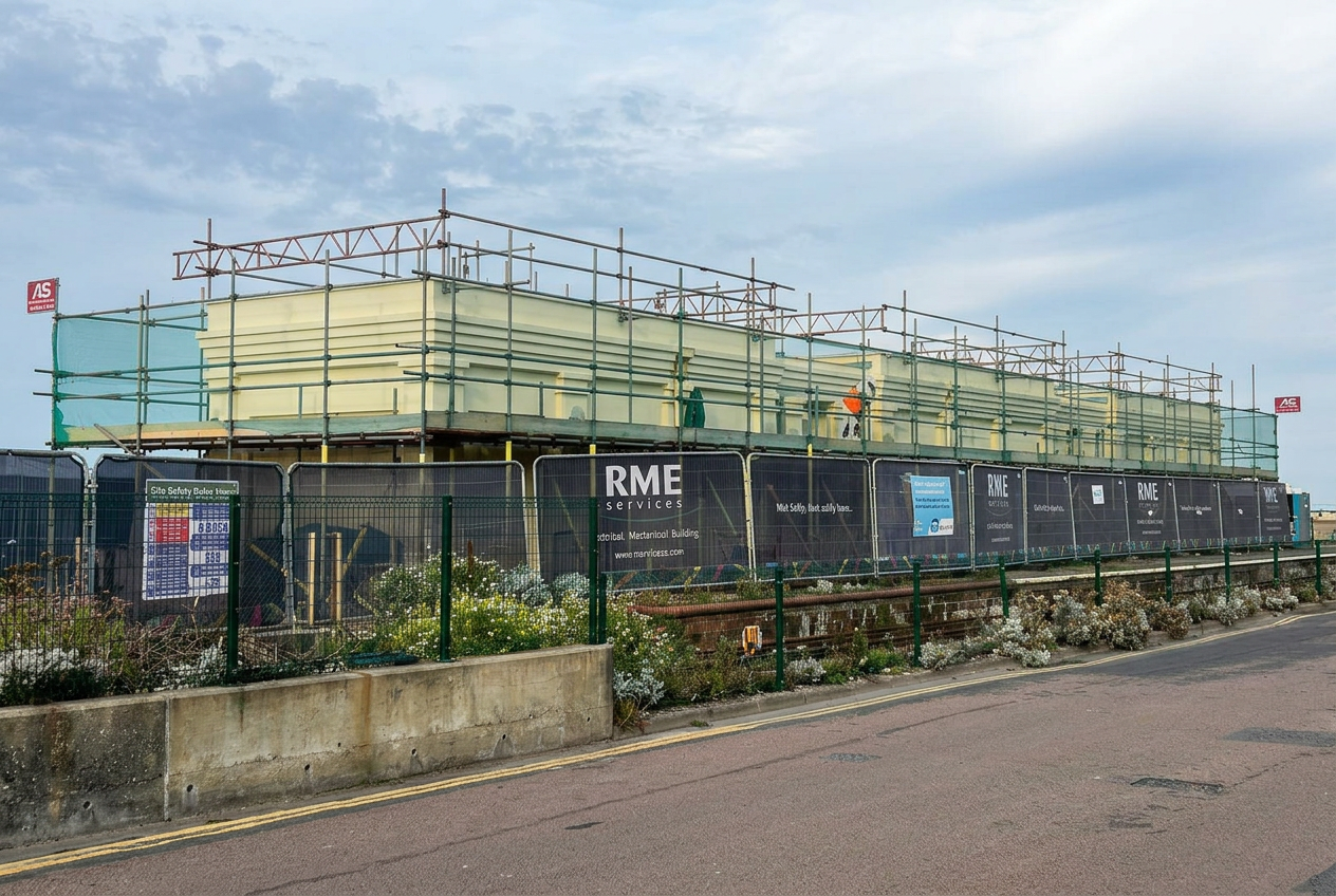 Side-elevation perimeter scaffold with full edge protection at Volks Electric Railway station, Brighton, installed by Armstrong Scaffolding for painting and roofing works