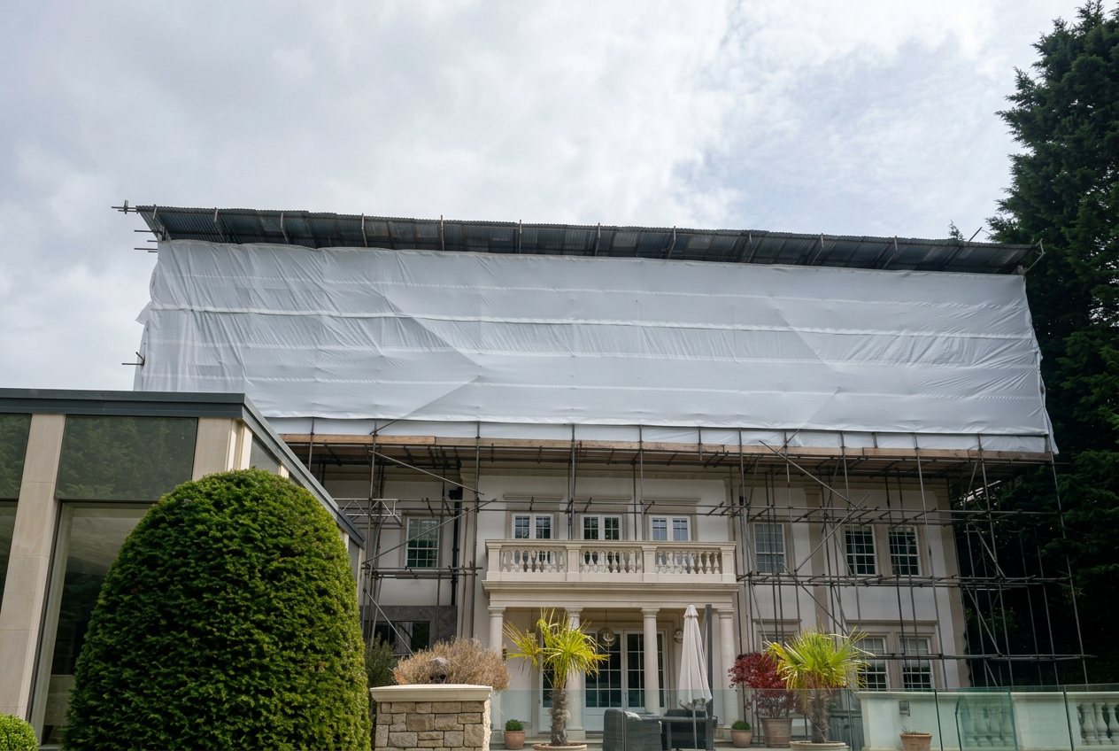Armstrong Scaffolding shrink-wrap temporary roof and hoist tower at a residential property in Keston Park, Orpington