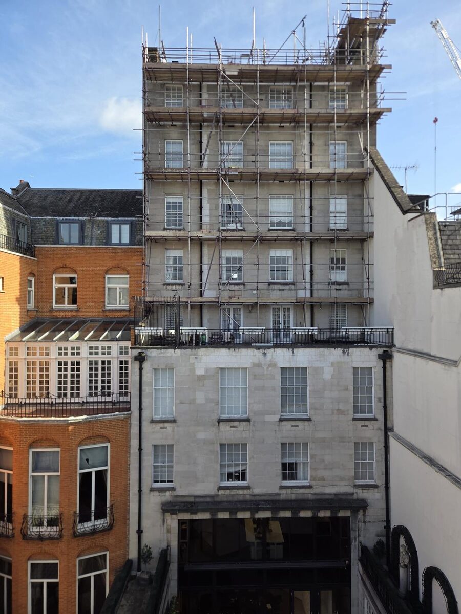 Armstrong Scaffolding access scaffold to the rear elevation of a Berkeley Square building, seen across the rear courtyard