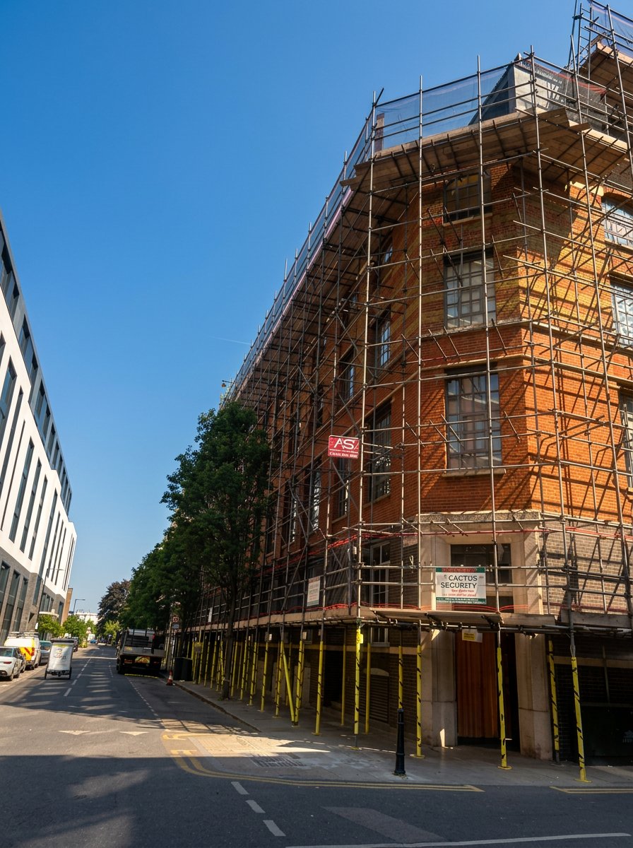 Commercial access scaffold on a heritage building undergoing parapet wall repairs, Underwood Row, North London