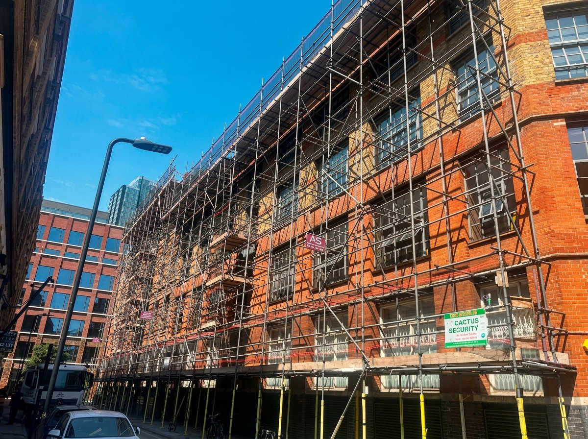 Full commercial access scaffold installed by Armstrong Scaffolding for parapet wall repairs on a building in North London