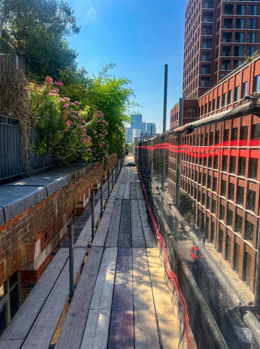 Boarded working platform with edge protection giving safe access at parapet level, North London