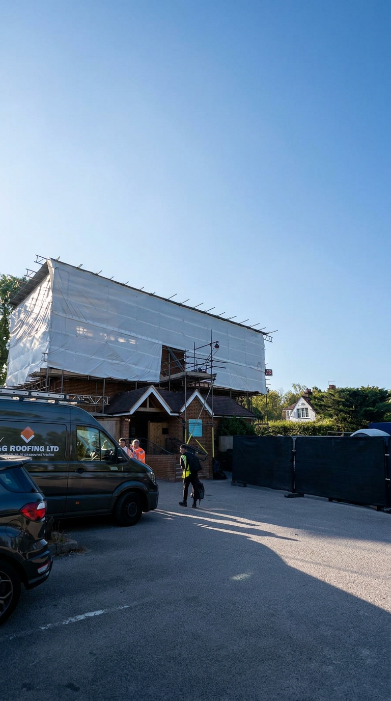 Temporary roof and access scaffold on a roadside building undergoing re-roofing in Horsham, West Sussex